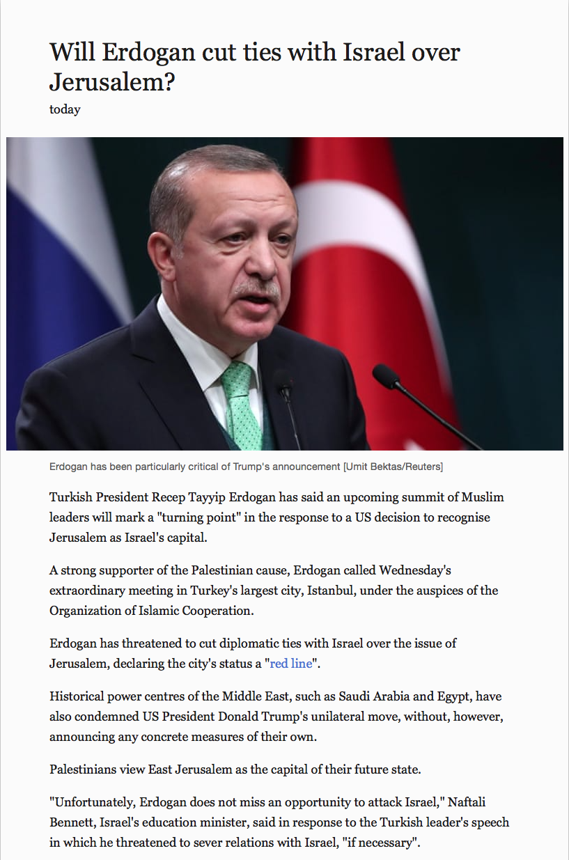 Turkey Erdogan: Jerusalem = Palestinian capital | Sam's Alfresco Coffee